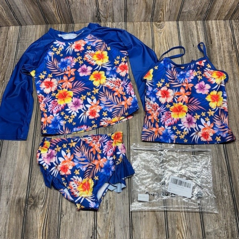 Girls Tropical Floral 3 Piece Swimsuit Set Rash Guard Tankini Bottoms Blue 10T